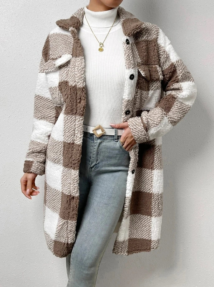 Chic Plaid Plush Longline Jacket