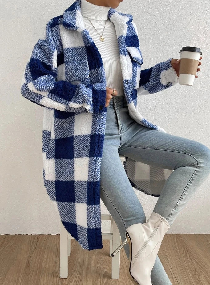 Chic Plaid Plush Longline Jacket