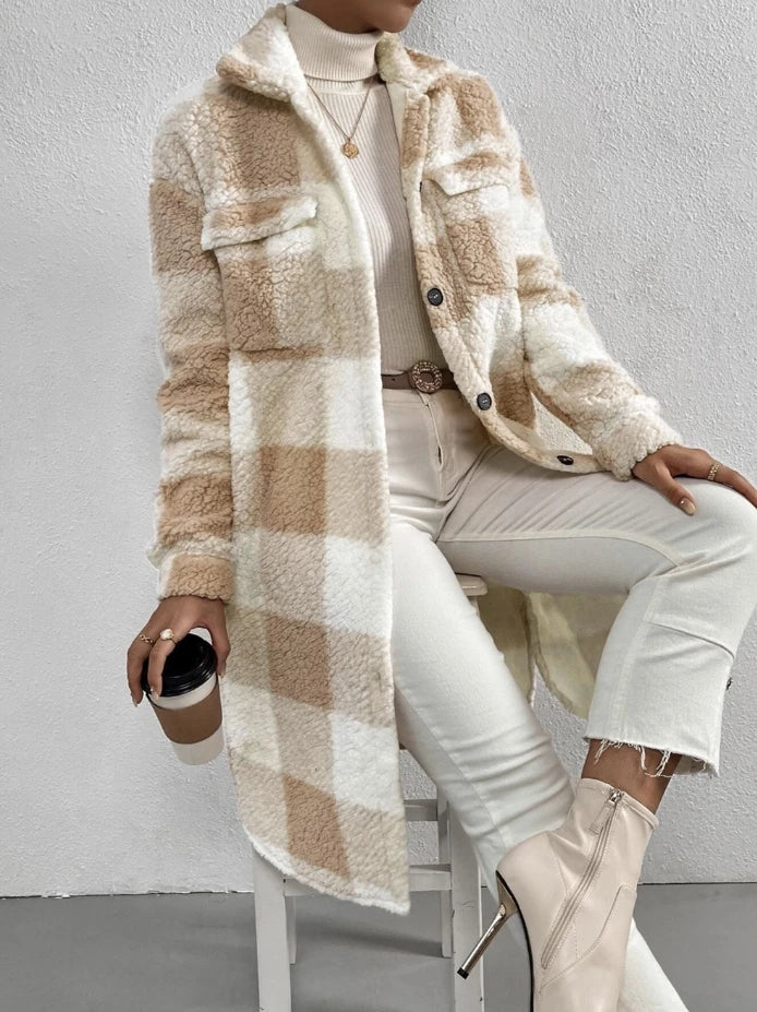 Chic Plaid Plush Longline Jacket