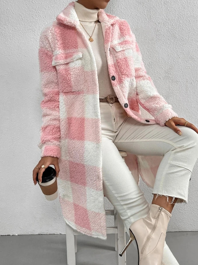 Chic Plaid Plush Longline Jacket