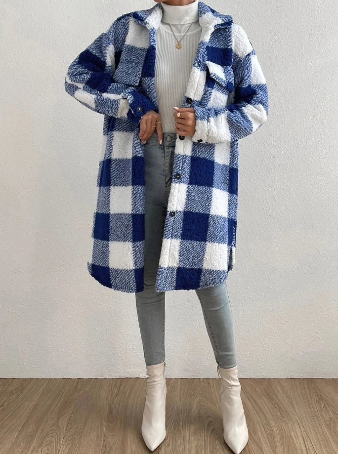 Chic Plaid Plush Longline Jacket
