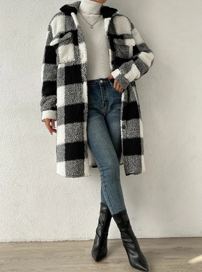 Chic Plaid Plush Longline Jacket