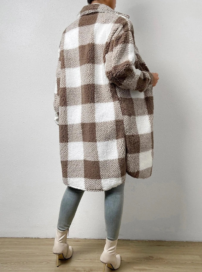 Chic Plaid Plush Longline Jacket